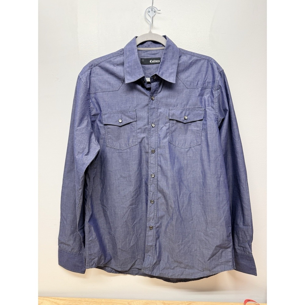 Cultura International Shirt Mens Large Blue Chambray‎ Snap Button Western #13